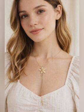 Vintage Gold Floral Lariat Necklace Rose Drop Boho Cottagecore